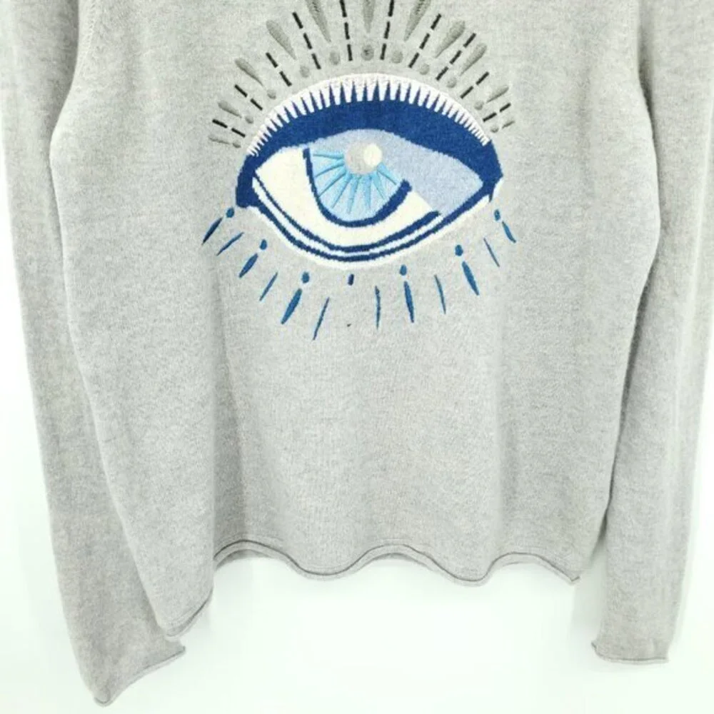 Lisa Todd 100% Cashmere Embroidered Evil Eye Rolled Hem Sweater M Gray/Blue